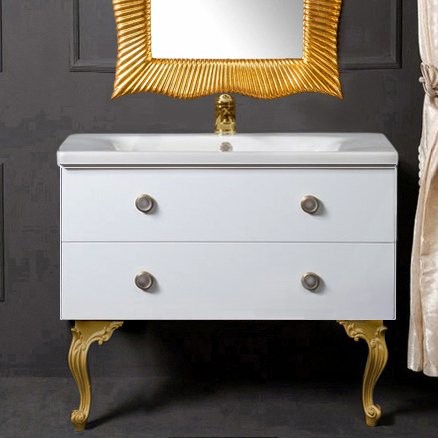 Тумба с раковиной Armadi Art NeoArt 100 white с ручками Satine золото, с ножками