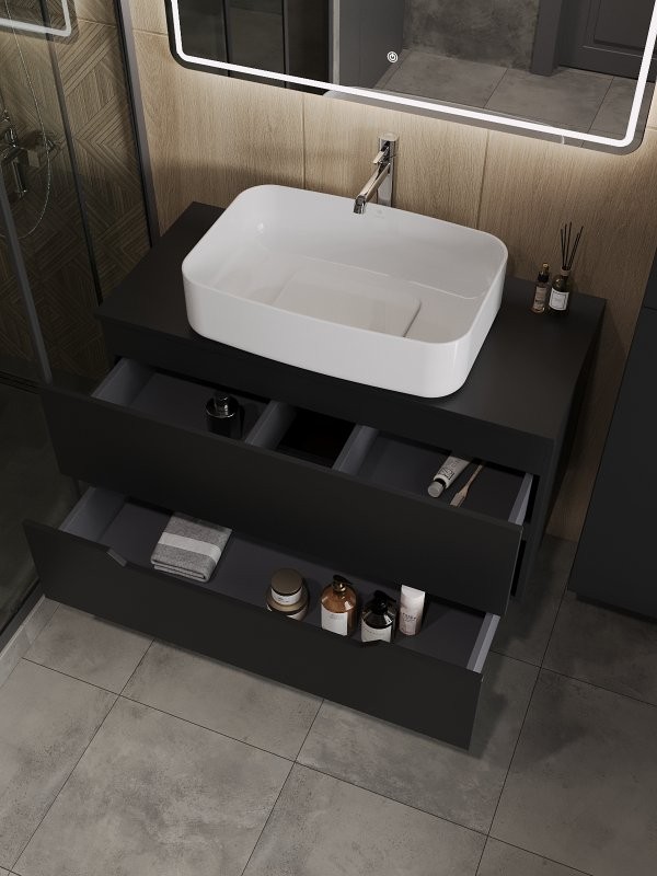 Мебель для ванной комнаты Orange Line 100 подвесная, 2 ящика, матовая черная с раковиной B07-600W