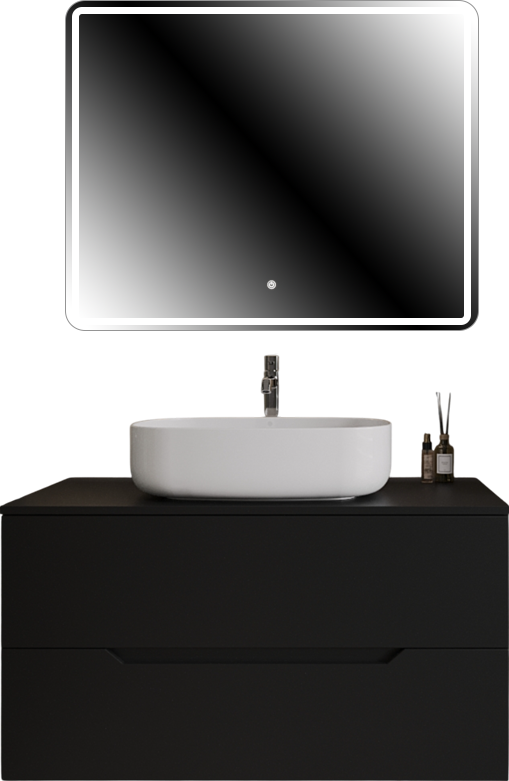 Мебель для ванной комнаты Orange Line 100 подвесная, 2 ящика, матовая черная с раковиной B07-600W