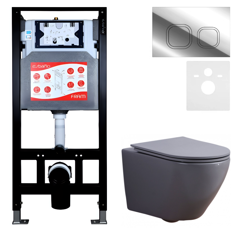 Комплект 3 в 1 Унитаз подвесной Esbano Azalea ESUPAZALGM + Инсталляция Fram + Кнопка ESINLPS10SC цвет глянцевый хром