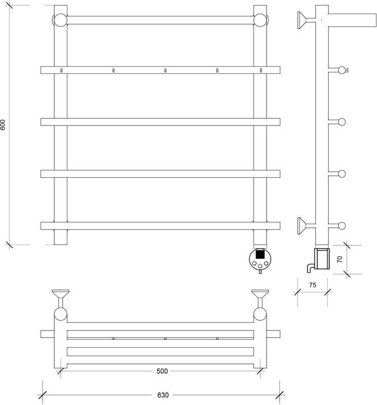 Полотенцесушитель электрический Secado Турин 1 КСП 60x55 см, подключение справа, матовый черный, лесенка, с полкой