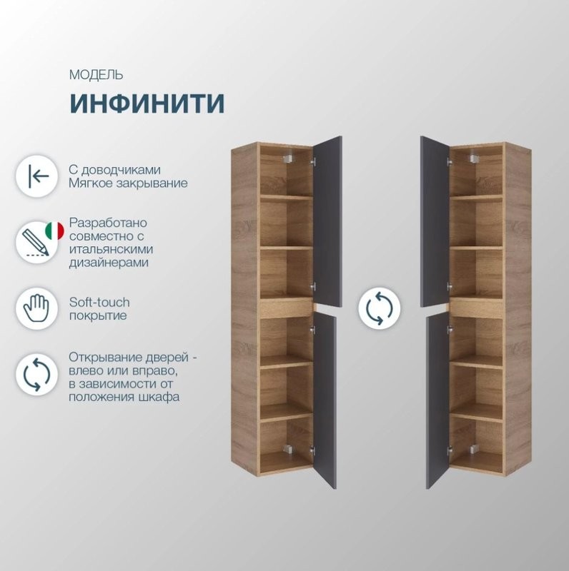 Шкаф пенал для ванной SanStar Инфинити подвесной, дуб сонома светлый, графит софт