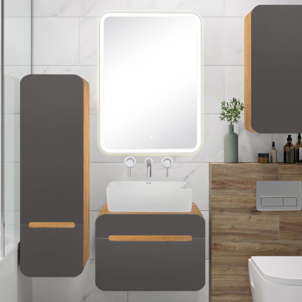 Мебель для ванной комнаты Runo Ницца 60 дуб натуральный, графит, раковина Tre 50