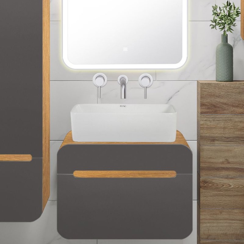 Мебель для ванной комнаты Runo Ницца 60 дуб натуральный, графит, раковина Tre 50