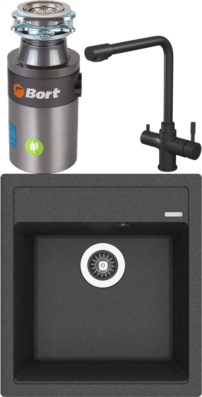 Комплект Мойка Florentina Липси 460 черная + Смеситель Rush MS9035-33Black черный + Измельчитель Bort Titan 4000 Plus