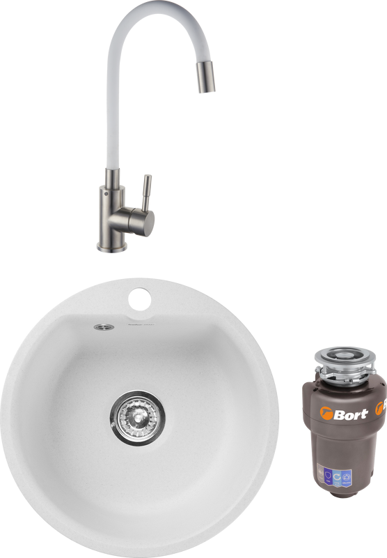 Комплект Мойка GranFest Smart SM 435 белый + Смеситель РМС Sus124w SUS124W-016F белый, сталь + Измельчитель Bort Titan Max Power FullControl