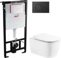 Комплект Унитаз подвесной BelBagno Prado BB10150CH безободковый + Крышка BB10150SC с микролифтом, петли хром + Инсталляция AlcaPlast A101 Sadromodul + Кнопка Thin THIN M678 черный матовый