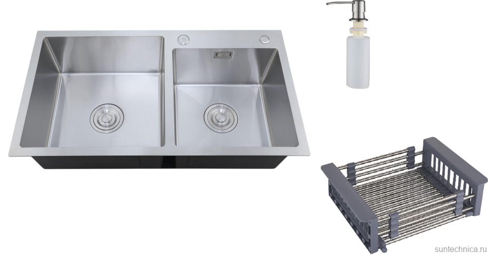 Мойка кухонная РМС MR-7843 c корзиной и дозатором, нержавеющая сталь