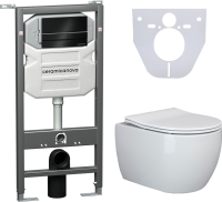 Комплект Унитаз подвесной Ceramicanova Play CN3001 безободковый, с микролифтом + Инсталляция Envision CN1002B + Кнопка Flat, черная матовая