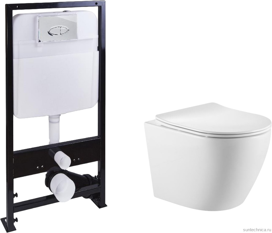 Комплект Унитаз подвесной SantiLine SL-5025 безободковый, с микролифтом, система смыва Tornado + Инсталляция SantiLine SL-01 с кнопкой смыва хром