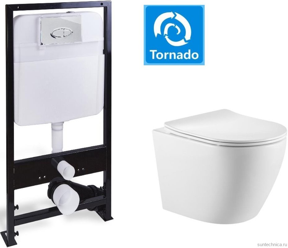 Комплект Унитаз подвесной SantiLine SL-5025 безободковый, с микролифтом, система смыва Tornado + Инсталляция SantiLine SL-01 с кнопкой смыва хром