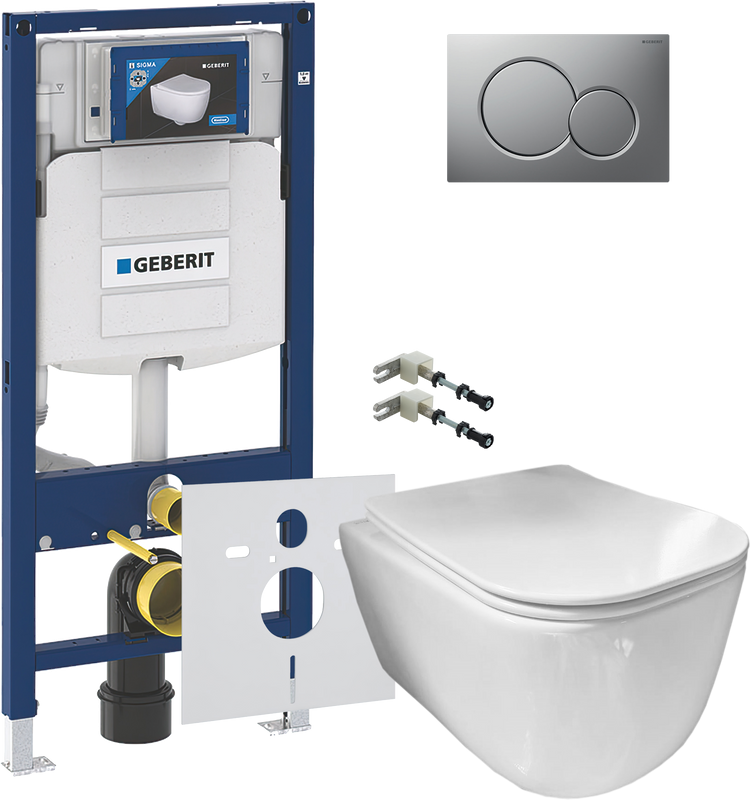 Комплект Унитаз подвесной Ceramicanova New Day CN3005 с микролифтом, безободковый + Крепления Geberit Duofix 111.815.00.1 к стене + Звукоизоляция + Инсталляция UP 320 111.300.00.5 + Кнопка Sigma 01 115.770.JQ.5 лакированная, матовый хром