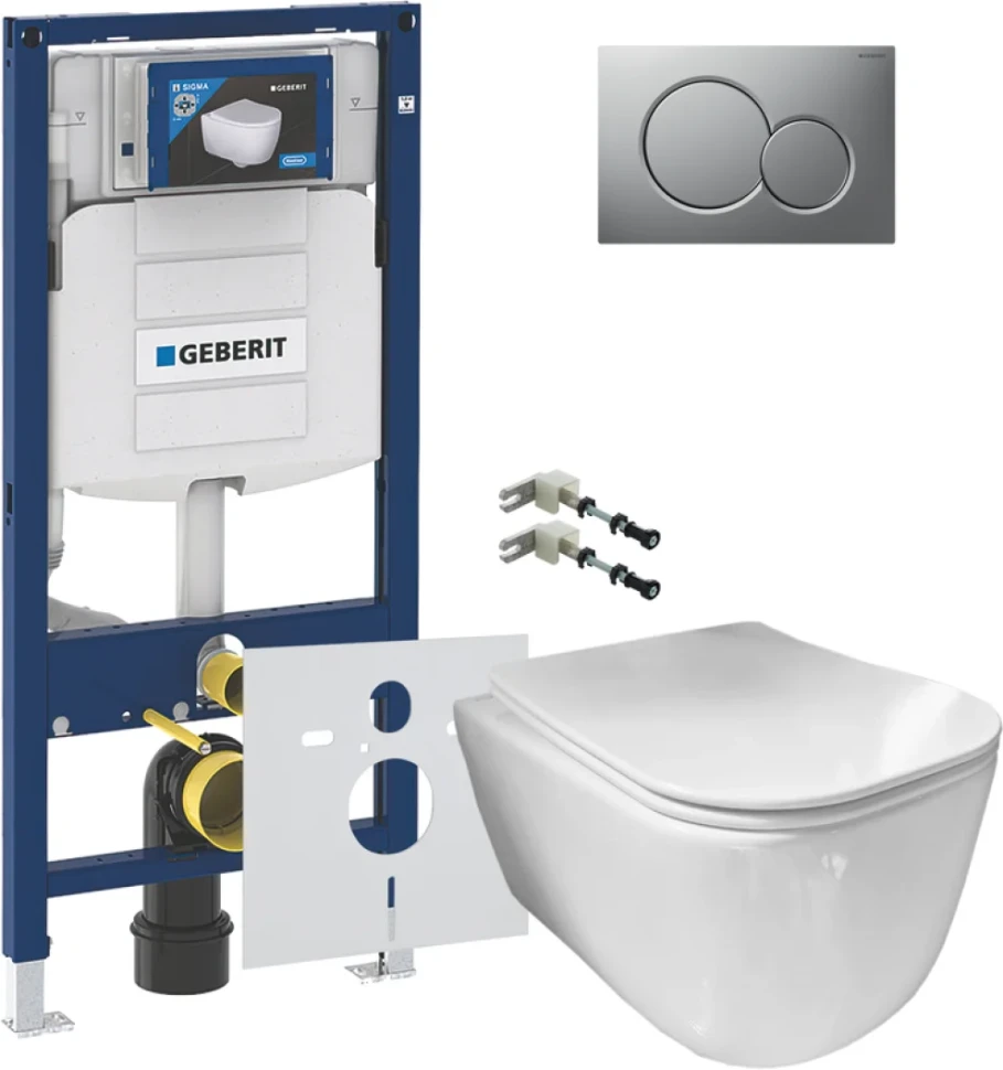 Комплект Унитаз подвесной Ceramicanova New Day CN3005 с микролифтом, безободковый + Крепления Geberit Duofix 111.815.00.1 к стене + Звукоизоляция + Инсталляция UP 320 111.300.00.5 + Кнопка Sigma 01 115.770.JQ.5 лакированная, матовый хром