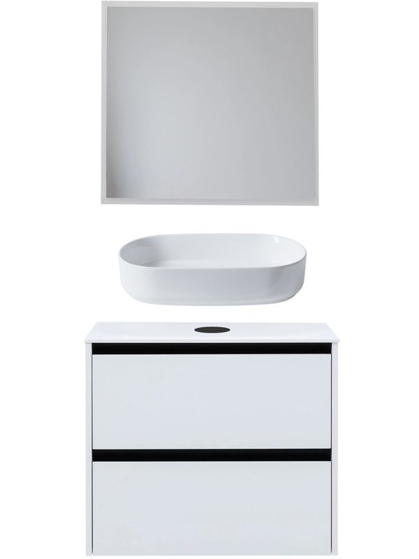 Мебель для ванной комнаты Allen Brau Activity 80 с подсветкой, матовый белый, черный браш, столешница белая, раковина Fantasy Oval 55, белая