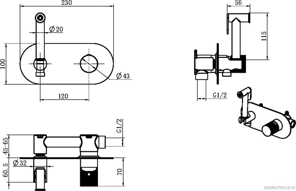 Гигиенический душ Boheme Stick 127-BCR.2 со смесителем, С ВНУТРЕННЕЙ ЧАСТЬЮ, black, touch chrome