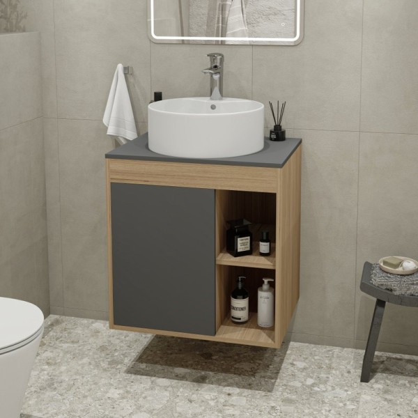 Тумба с раковиной Teymi Nura 60 дуб эврика, матовый графит, раковина Lina S D40