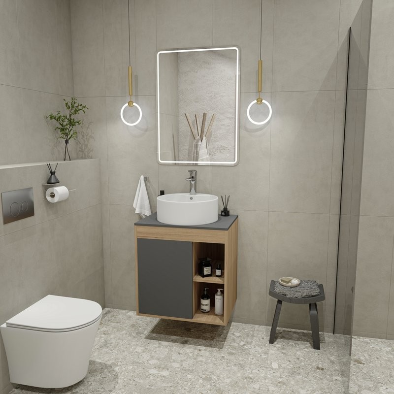 Тумба с раковиной Teymi Nura 60 дуб эврика, матовый графит, раковина Lina S D40