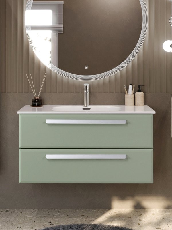 Тумба с раковиной Cezares Eco-Cer-N 100 светло-зеленая матовая, раковина CZR-8095-100, ручки сатин