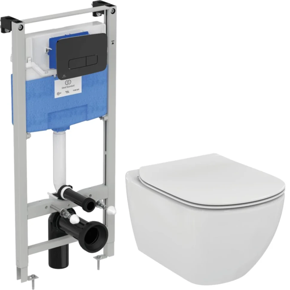 Комплект Унитаз подвесной Ideal Standard Tesi T354601 с микролифтом + Инсталляция ProSys R0308A6 с кнопкой смыва черной матовой