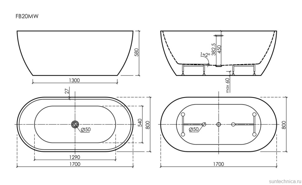 Акриловая ванна Leaf 1700x800x580, отдельностоящая, FB20MW