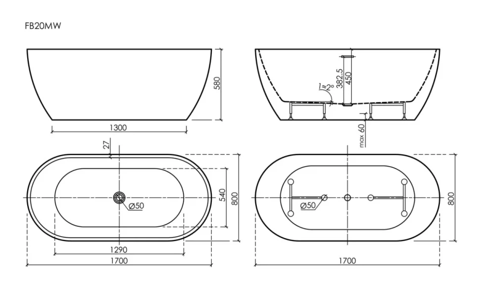 Акриловая ванна Leaf 1700x800x580, отдельностоящая, FB20MW