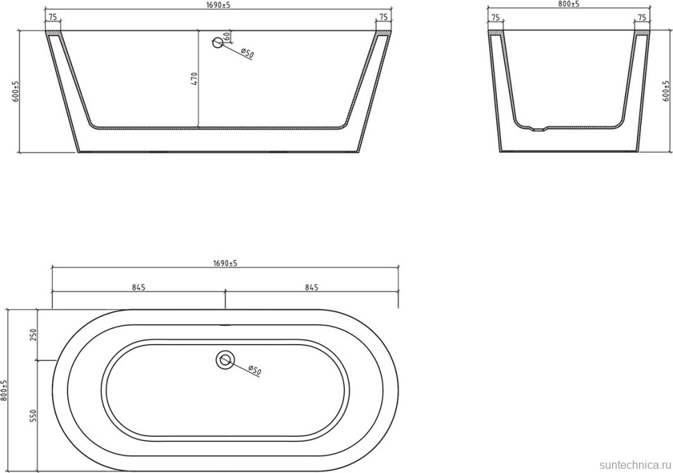 Акриловая ванна BelBagno BB202-1700-800 170x80 см, отдельностоящая, белая, овальная, на ножках, со сливом-переливом