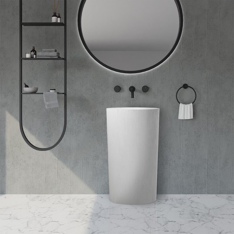 Раковина напольная Abber Stein AS2501-H 50 матовая белая, круглая, моноблок, искусственный камень