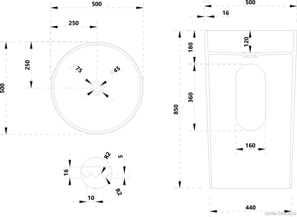 Раковина напольная Abber Stein AS2501-H 50 матовая белая, круглая, моноблок, искусственный камень