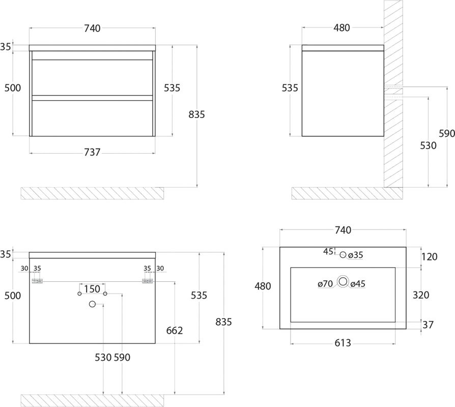 Тумба под раковину Art&Max Family 75, подвесная, Pino Bianco