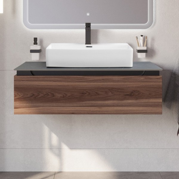 Тумба с раковиной Cezares Slider 100 подвесная, 1 ящик, дымчатый орех, со столешницей marmo nero opaco