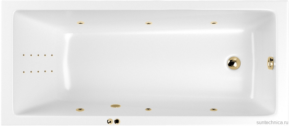 Акриловая ванна WHITECROSS Wave Line Nano 180x80 см, встраиваемая, с гидромассажем, белый глянец, с каркасом, со сливом-переливом, фурнитура золото