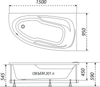 Акриловая ванна 1ACReal Мадрид L 150x95 см, угловая, левая, пристенная, белая, асимметричная, с каркасом