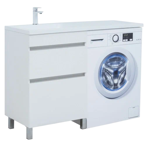 Тумба с раковиной Aquanet Вега 120 L напольная, под стиральную машину, белая глянцевая