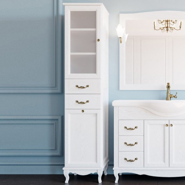 Шкаф пенал для ванной ValenHouse Эллина 40 L с бельевой корзиной, белый, фурнитура бронза