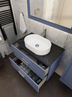 Тумба под раковину со столешницей La Fenice Cubo Twin Blu Grigi 80 подвесная, синяя матовая, столешница черный мрамор, ручка черная