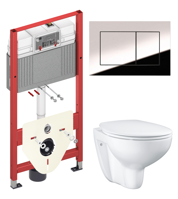 Комплект Унитаз подвесной Grohe Bau Ceramic 39351000 безободковый, альпин-белый + Инсталляция TECE Now 9400412 4 в 1 с кнопкой смыва