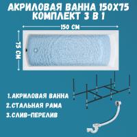 Комплект Акриловая ванна 1MarKa Modern Стандарт 2+ 150x75 см, пристенная, белая, со сливом-переливом