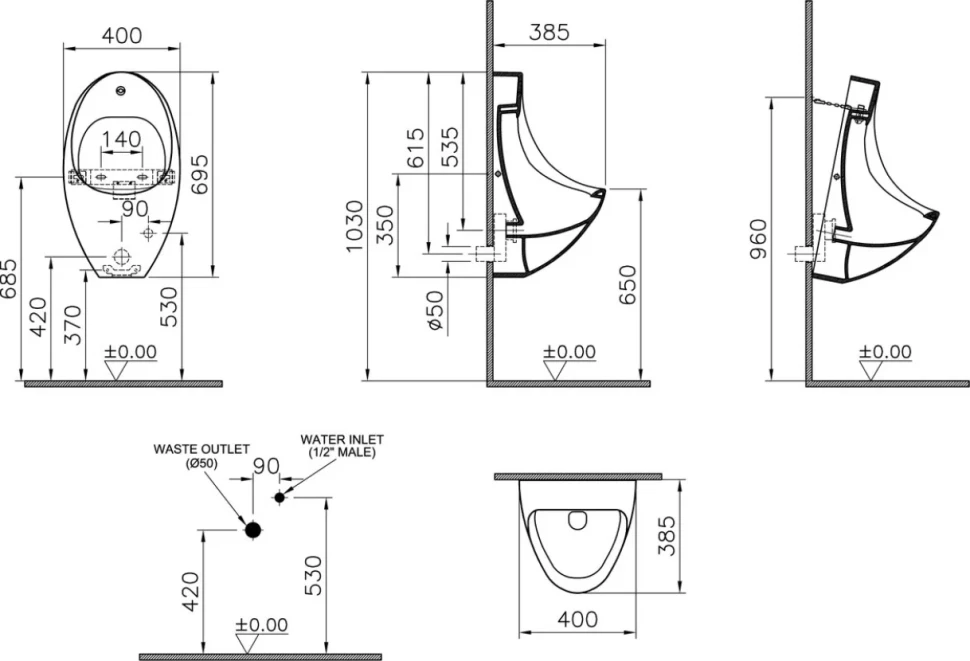 Писсуар подвесной VitrA Arkitekt 4106B003-5597 сенсорный, белый, с сифоном, со смывным механизмом