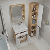 Тумба с раковиной SanStar Модена 60 напольная, глянцевая белая, дуб вотан, раковина Фостер 60