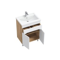 Тумба с раковиной SanStar Модена 60 напольная, глянцевая белая, дуб вотан, раковина Фостер 60