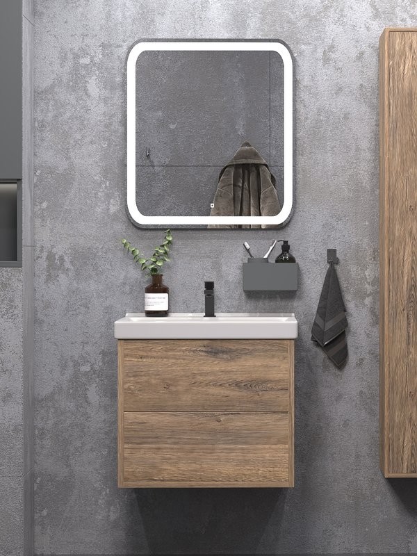 Мебель для ванной комнаты SanStar Siva 60 подвесная, дуб веллингтон табак, раковина Fest 60