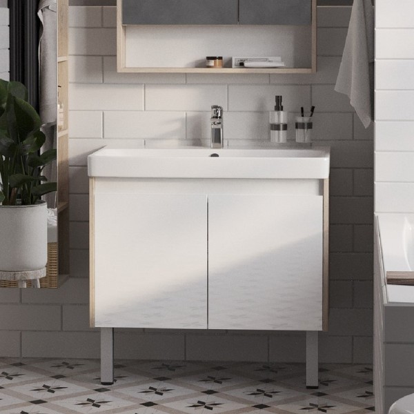 Тумба с раковиной AQUATON Сканди Doors 80 белая, дуб верона, раковина Адриана 80