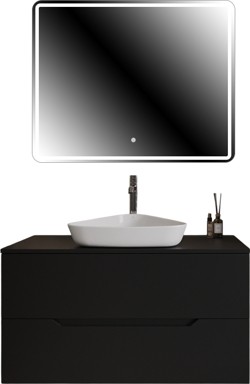 Мебель для ванной комнаты Orange Line 100 подвесная, 2 ящика, матовая черная с раковиной B07-500W