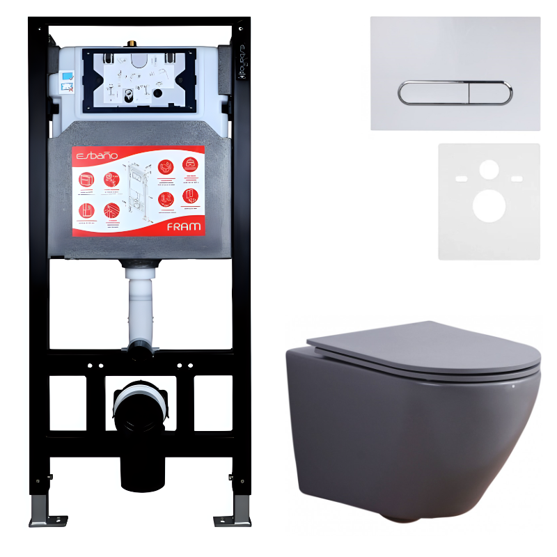Комплект 3 в 1 Унитаз подвесной Esbano Azalea ESUPAZALGM + Инсталляция Fram + Кнопка ESINOVL17GW цвет глянцевый белый
