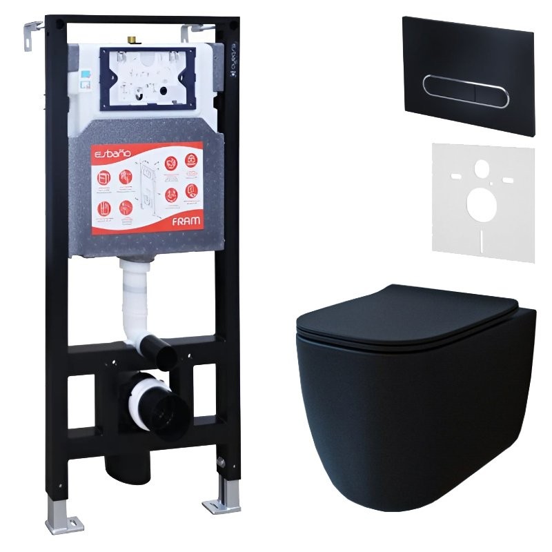 Комплект 3 в 1 Унитаз подвесной Esbano ESUPGARABM + Инсталляция Fram + Кнопка ESINOVL17MB цвет матовый черный