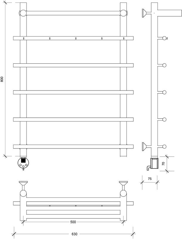 Полотенцесушитель электрический Secado Турин 1 КСП 80x55 см, подключение слева, матовый черный, лесенка, с полкой