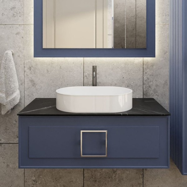 Тумба под раковину со столешницей La Fenice Cubo 100 подвесная, синяя, столешница черный мрамор, ручка белая