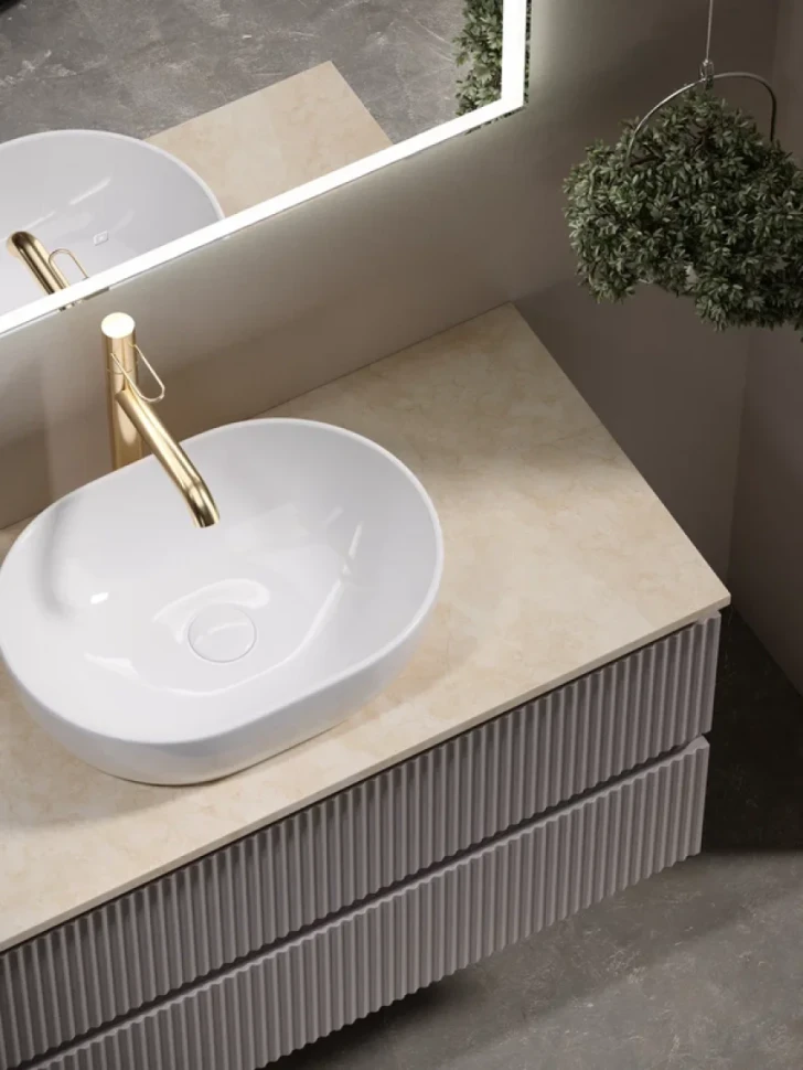 Тумба под раковину со столешницей Sancos Snob R 100 doha soft, столешница бежевая, с отв. под смеситель