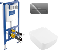 Комплект Унитаз подвесной Villeroy & Boch Venticello 4611RL01 безободковый, альпийский белый + Инсталляция + Кнопка Viconnect 922400RA серая глянцевая
