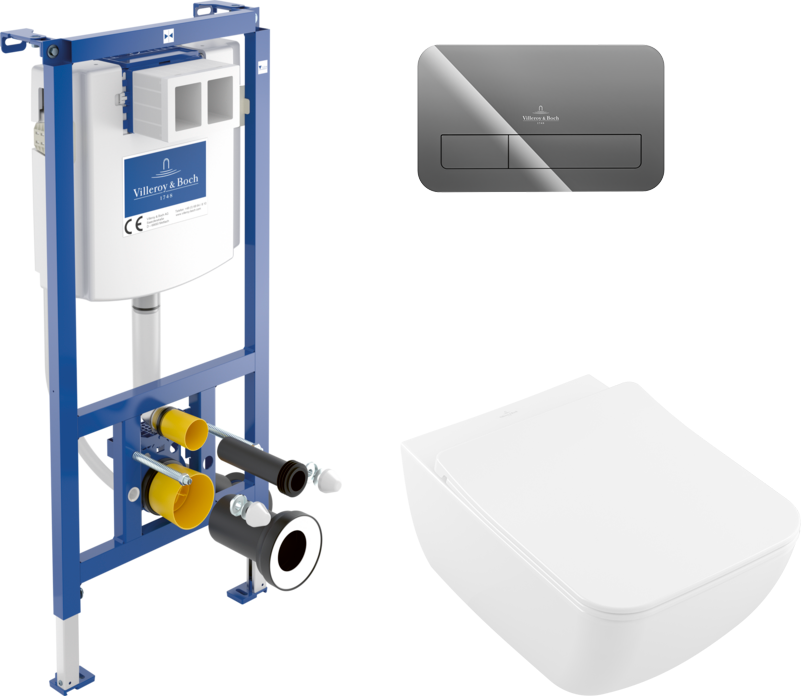 Комплект Унитаз подвесной Villeroy & Boch Venticello 4611RL01 безободковый, альпийский белый + Инсталляция + Кнопка Viconnect 922400RA серая глянцевая
